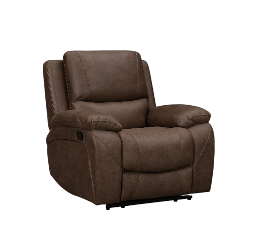 Brown fabric reclining sofa with padded arms and deep cushions.
