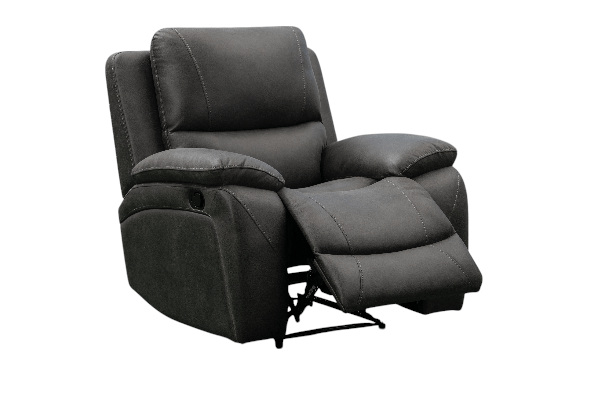 Dark gray fabric reclining sofa with padded arms and footrest.