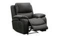 Dark gray fabric reclining sofa with padded arms and footrest.