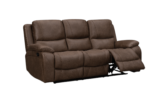 Brown fabric reclining sofa with three seats and padded arms.