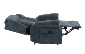 Elterwater grey fabric rise and recline chair with extended footrest.