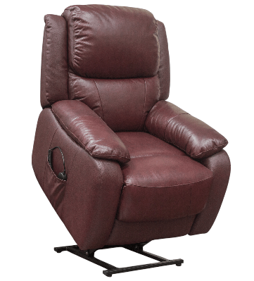 A burgundy leather lift and recline armchair with padded arms and headrest.