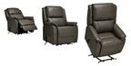 Three views of a brown leather rise and recline armchair.