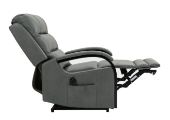 Grey leather rise and recline chair with padded back and footrest.