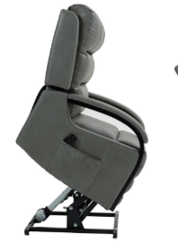 Coniston leather rise and recline chair in grey, shown from the side.