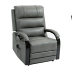 Grey leather rise and recline chair with padded back and armrests.