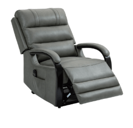 Coniston grey leather rise and recline chair with padded back and armrests.