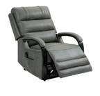 Coniston grey leather rise and recline chair with padded back and armrests.