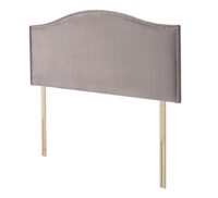 A grey fabric headboard with a curved top and two wooden legs.