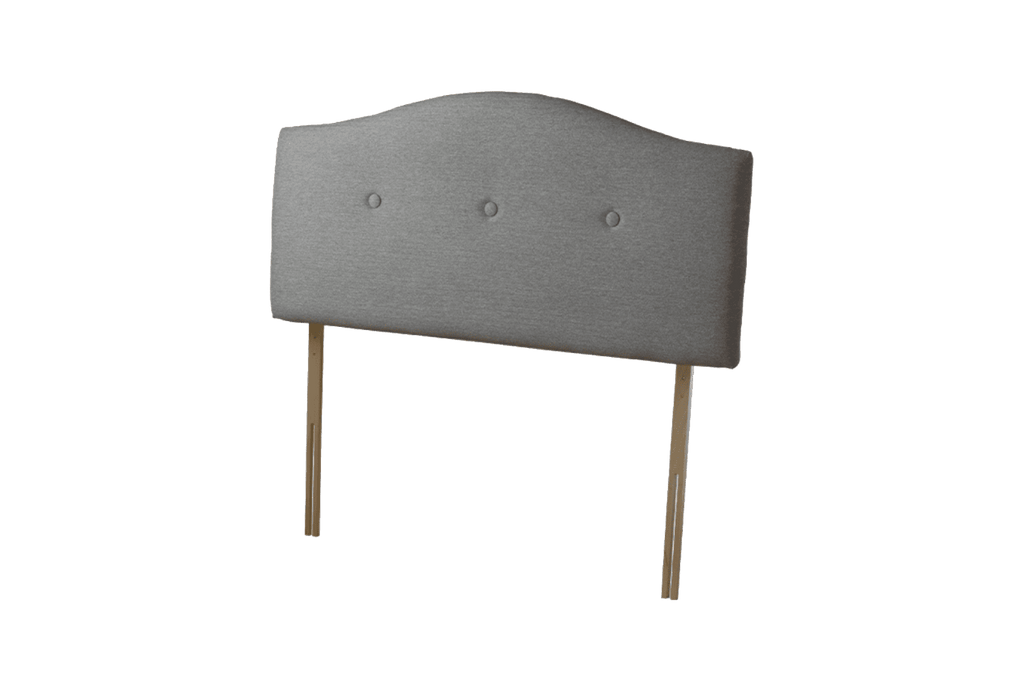 Sealy Messina grey fabric headboard with three buttons and wooden legs.