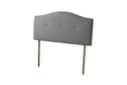 Sealy Messina grey fabric headboard with three buttons and wooden legs.