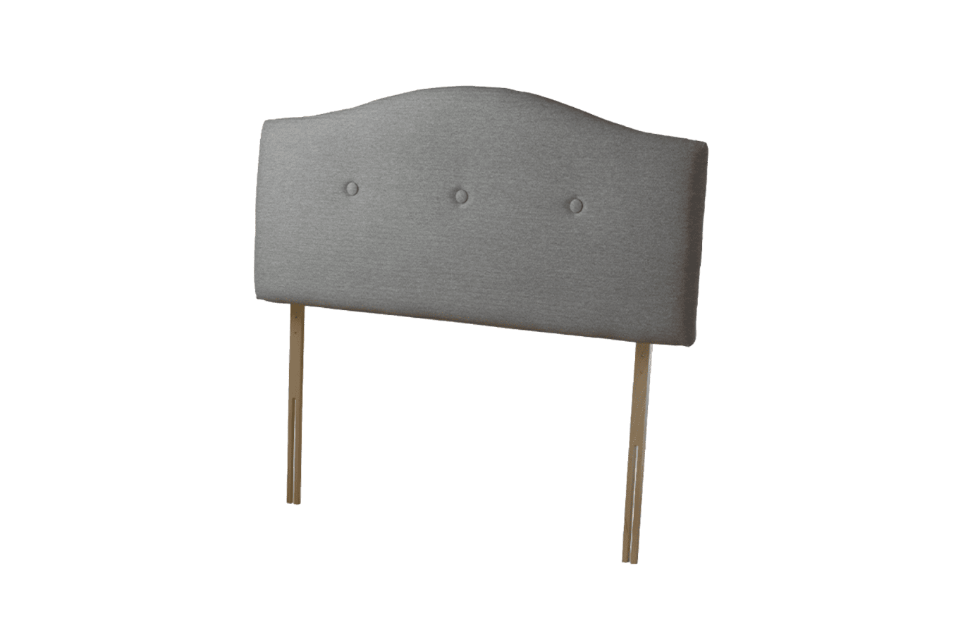 Sealy Messina grey fabric headboard with three buttons and wooden legs.