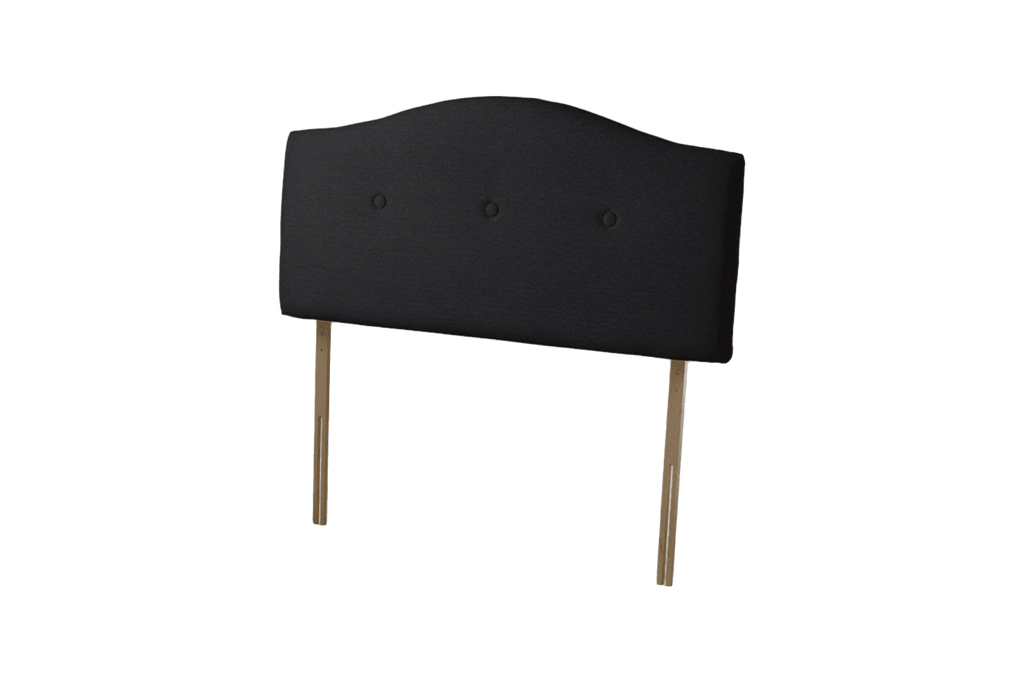 Sealy Messina black fabric headboard with button details and wooden legs.