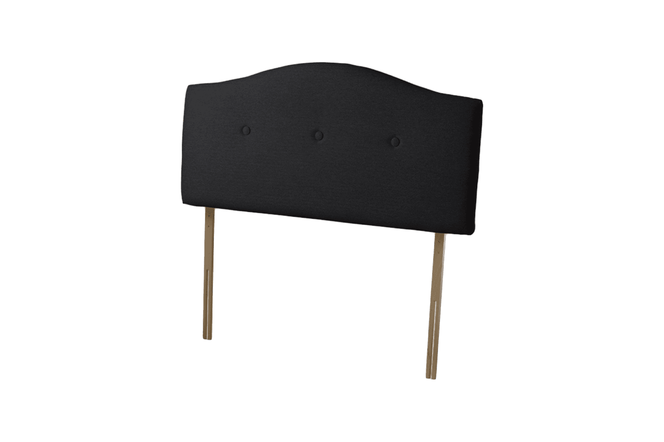 Sealy Messina black fabric headboard with button details and wooden legs.