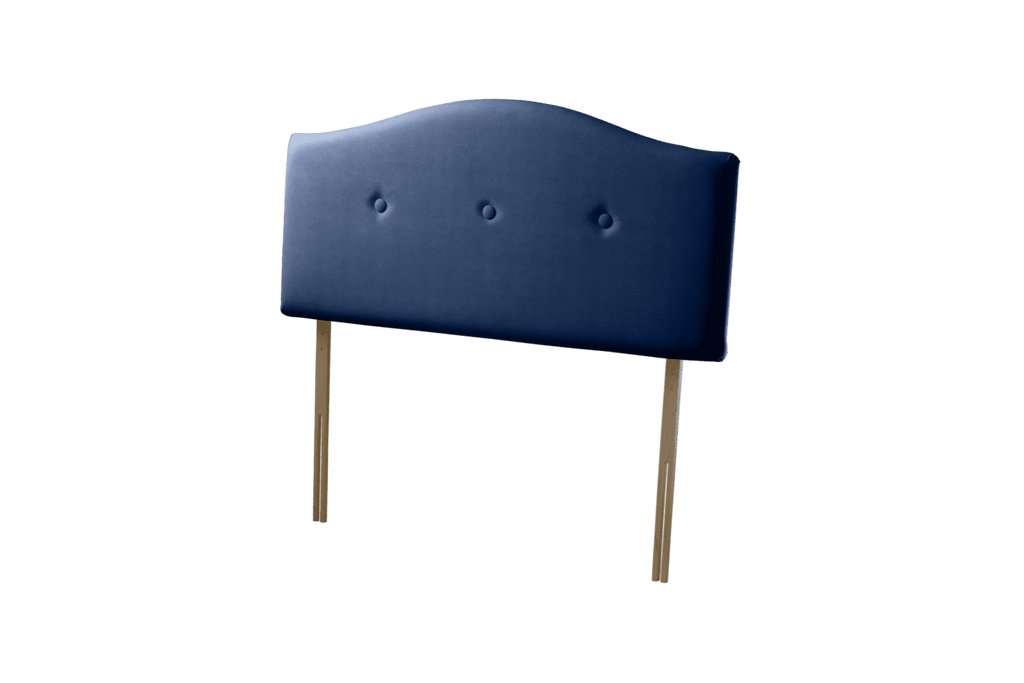 Sealy Messina navy fabric headboard with three buttons and wooden legs.
