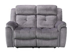 A gray fabric reclining sofa with tufted back cushions and bucket seats.
