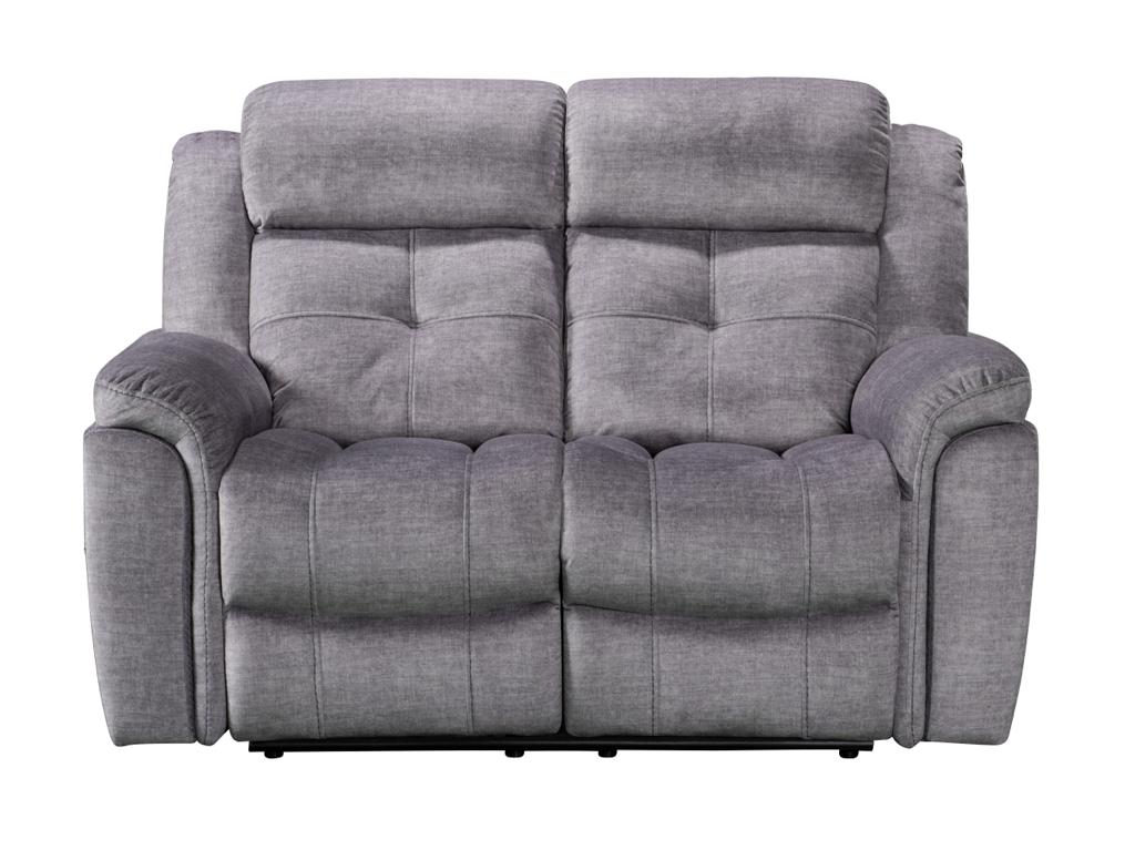 A gray fabric reclining sofa with tufted back cushions and bucket seats.