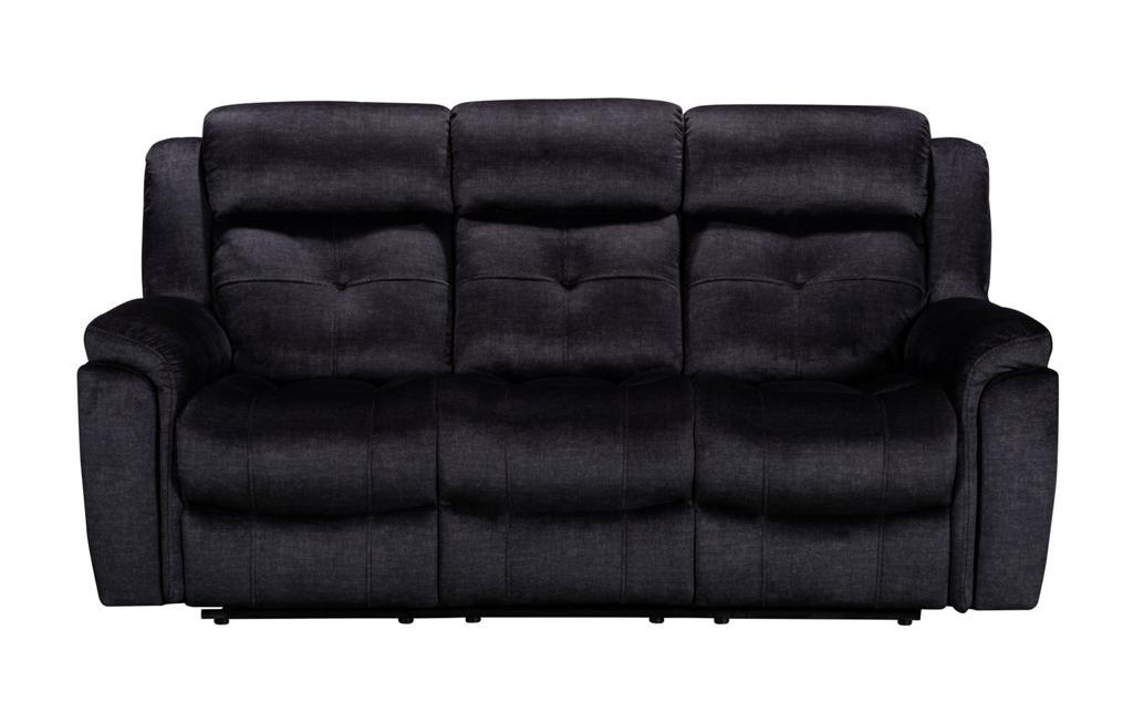 A dark gray fabric reclining sofa with three seats and tufted back cushions.