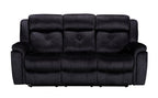 A dark gray fabric reclining sofa with three seats and tufted back cushions.