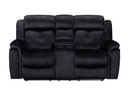 A charcoal fabric reclining sofa with a center console and cup holders.