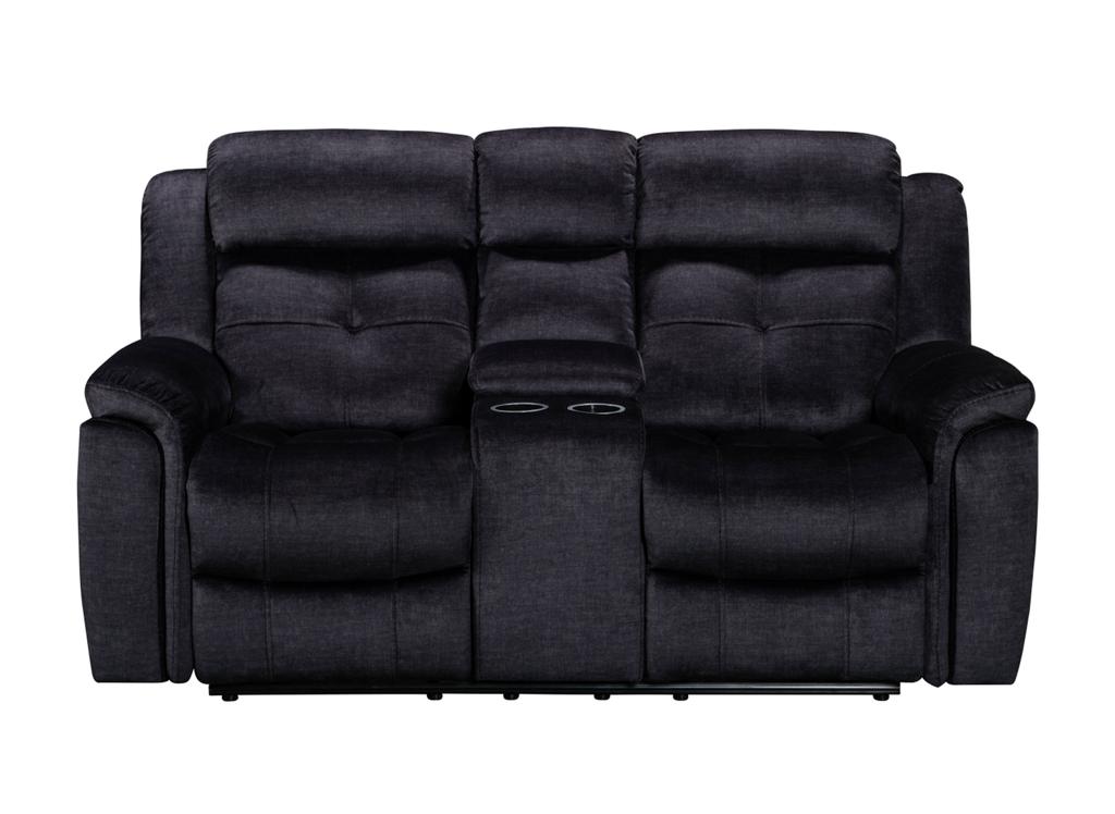 A charcoal fabric reclining sofa with a center console and cup holders.