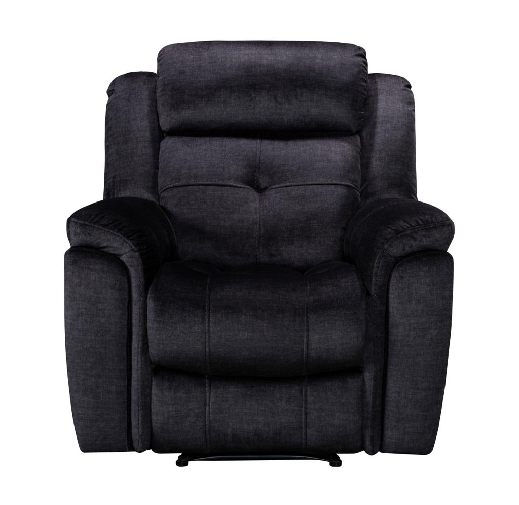 A charcoal fabric reclining sofa with plush cushioning.