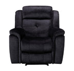 A charcoal fabric reclining sofa with plush cushioning.