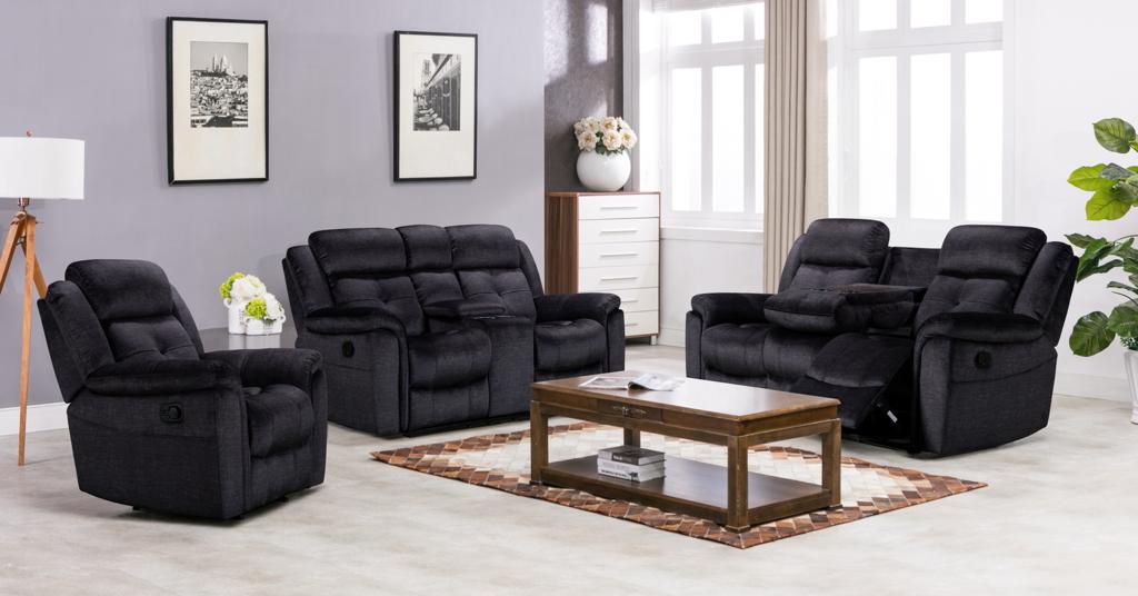 Texas Fabric Reclining Sofa Collection in charcoal.