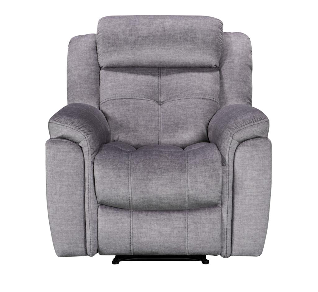 Grey fabric reclining sofa with plush cushioning.