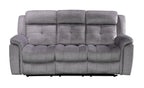 A gray fabric reclining sofa with three seats and tufted back cushions.