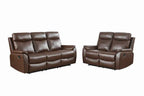 Brown leather aire reclining sofa and loveseat set.