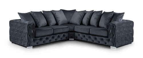 Asby Fabric Full Corner Sofa in dark grey with tufted arms and back.