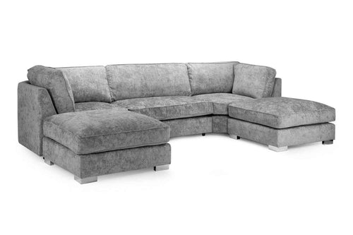 A grey fabric U-shaped modular corner sofa with chaise sections.