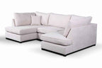 U shaped fabric corner sofa with plush cushions.