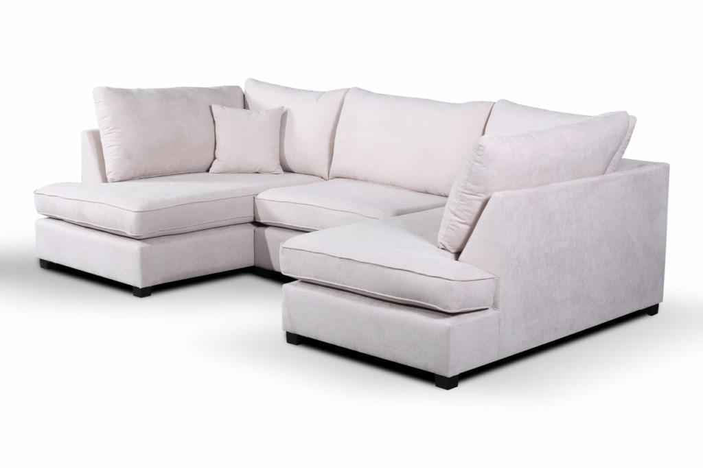 U shaped fabric corner sofa with plush cushions.