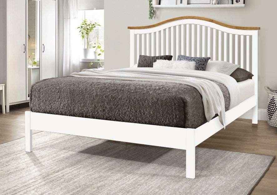 Chester solid wood bed frame with a curved slatted headboard and white finish.