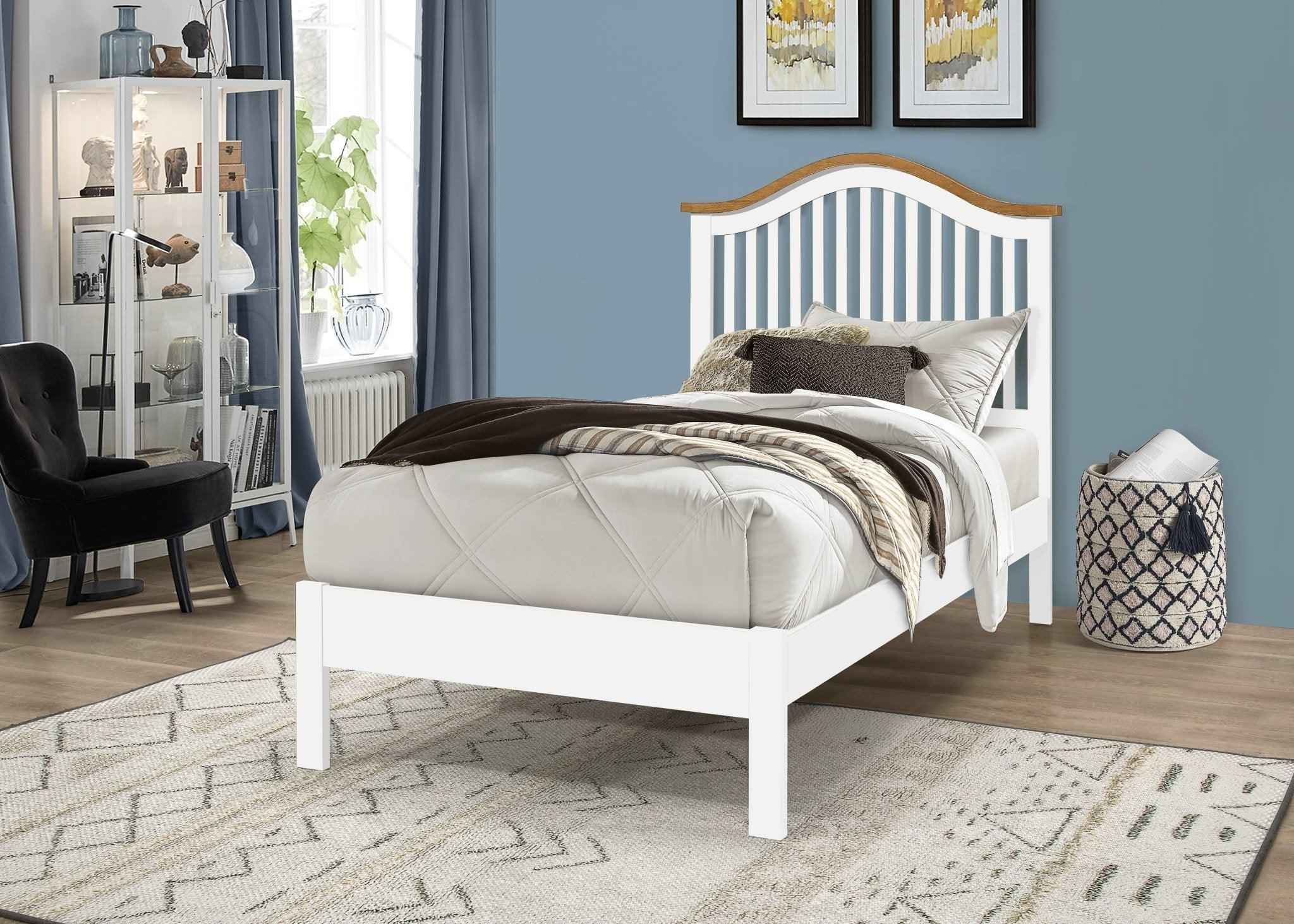 Chester solid wood bed frame with a white frame and curved slatted headboard.