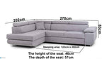 Hilton storage corner sofa bed with headrests, 278cm x 202cm.
