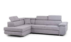 Hilton storage corner sofa bed with adjustable headrests in light gray fabric.