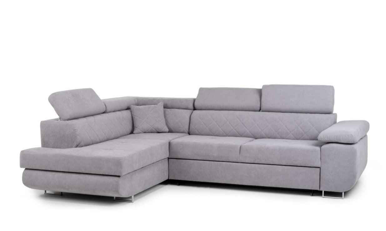 Hilton storage corner sofa bed with adjustable headrests in light gray fabric.