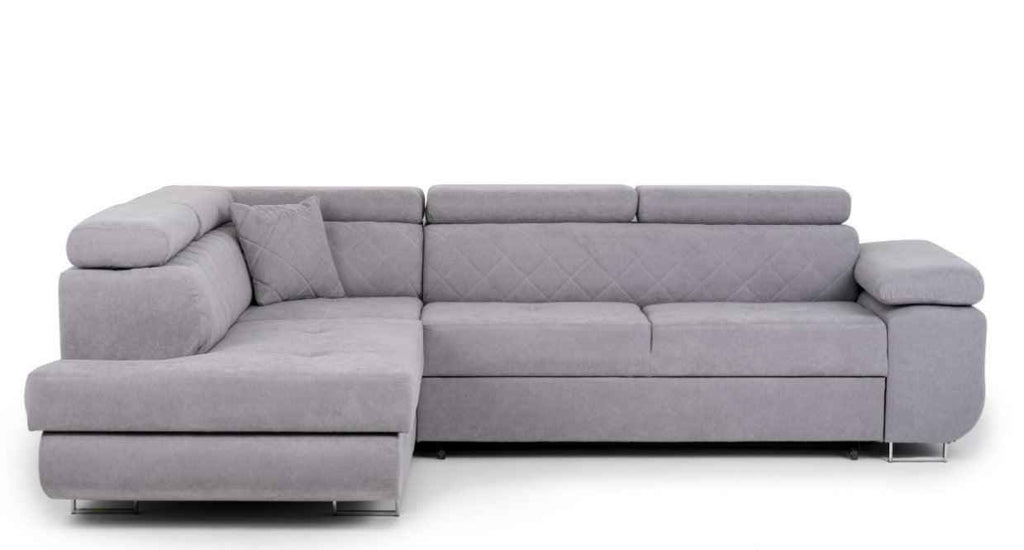 Hilton storage corner sofa bed with adjustable headrests in light grey fabric.
