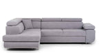 Hilton storage corner sofa bed with adjustable headrests in light grey fabric.