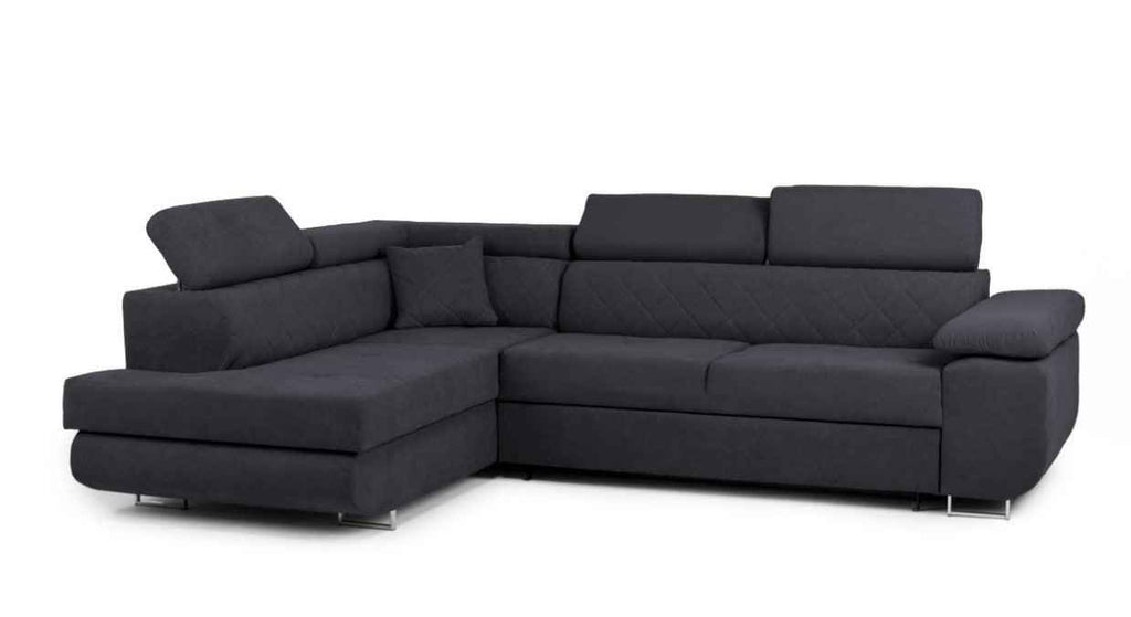 Dark grey storage corner sofa bed with adjustable headrests.
