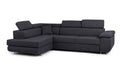 Dark grey storage corner sofa bed with adjustable headrests.