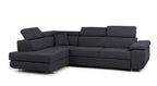 Dark grey storage corner sofa bed with adjustable headrests.