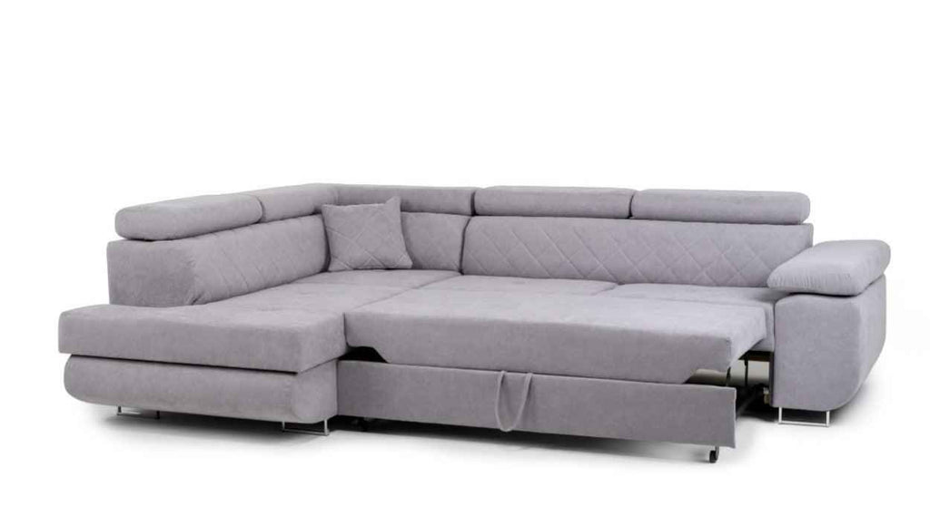 Hilton storage corner sofa bed with headrests in grey fabric.
