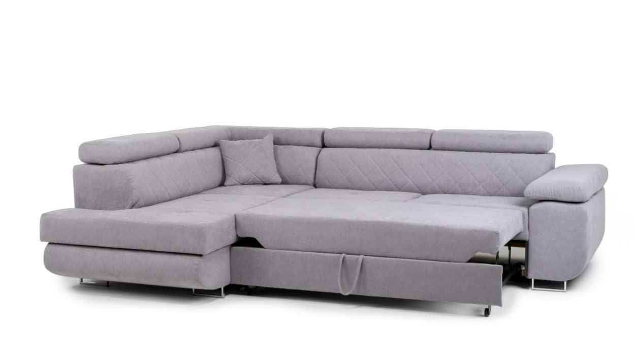 Hilton storage corner sofa bed with headrests in grey fabric.