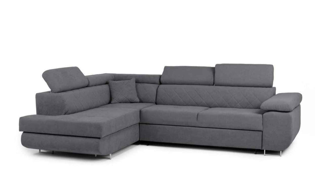 Grey fabric corner sofa bed with adjustable headrests and storage.