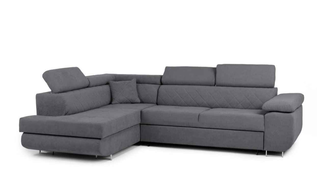 Grey fabric corner sofa bed with adjustable headrests and storage.