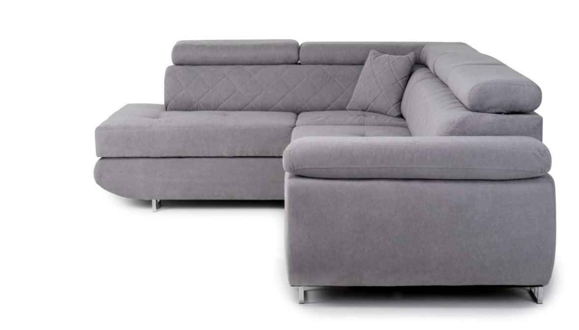 Grey fabric corner sofa bed with adjustable headrests and a decorative pillow.